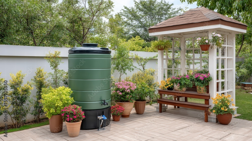 Obraz premium Rainwater harvesting system provides clear water for sustainable gardening and landscape irrigation with a green tank in a backyard garden.