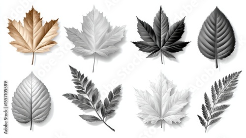Realistic autumn leaf line art set with scientific botanical style and high fidelity detail displayed in a v2 6x arrangement on a white background.