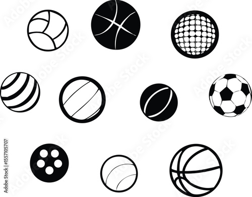 Collection of black and white sport ball icons representing different athletic games