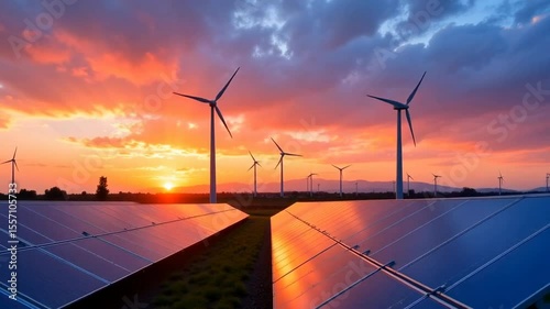 A picturesque sunset over a renewable energy landscape featuring wind turbines and solar panels.