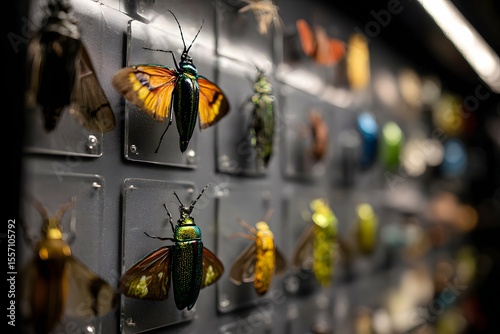 Modern insectarium exhibiting detailed insect textures and wing patterns under studio lighting.