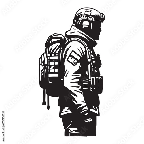 Silhouette of a soldier with a backpack and helmet in tactical gear illustration