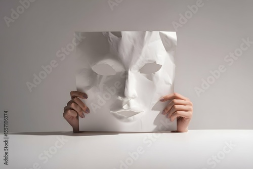 Deceptive figure with a crumpled, masking paper symbolizes shady dishonesty in sleek studio lighting.