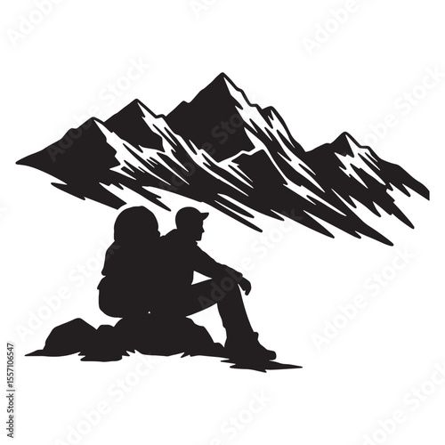 Silhouette of hikers resting and admiring majestic mountains after reaching the summit
