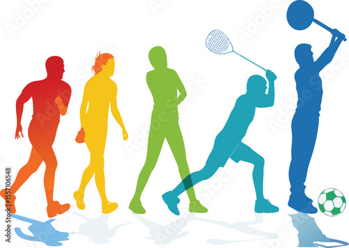 Colorful silhouettes depicting different sports and recreational activities on white background