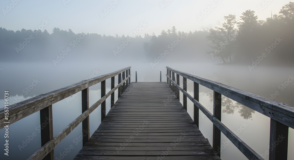 Naklejka premium Scenic view of a wooden bridge over a foggy lake with mist in the background, offering a peaceful nature landscape.