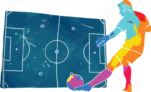Colorful soccer player kicking a ball on the field illustration watercolor style