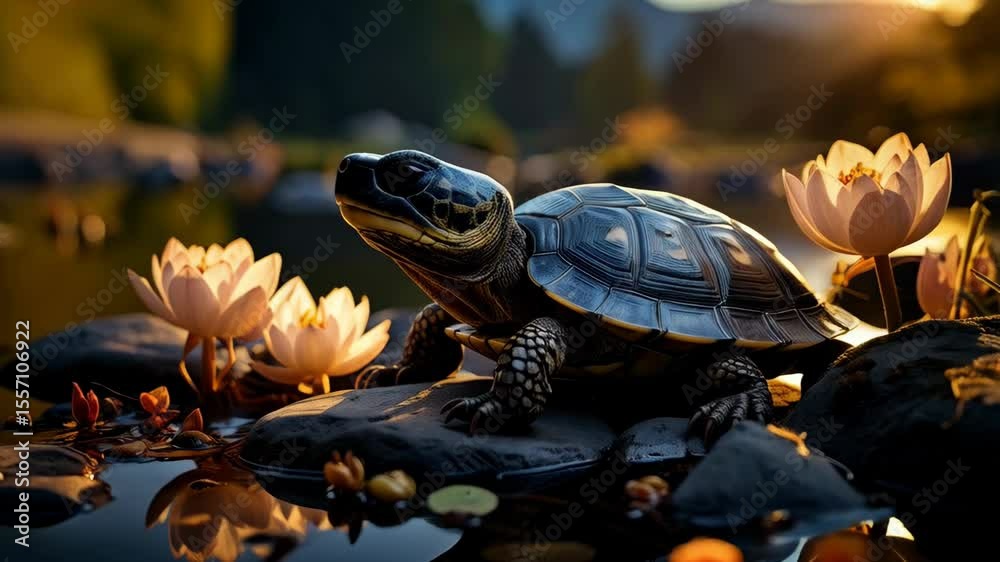 Turtle resting on a rock surrounded by white water lilies in a calm pond during sunset, illuminated by golden sunlight, tranquil nature scene