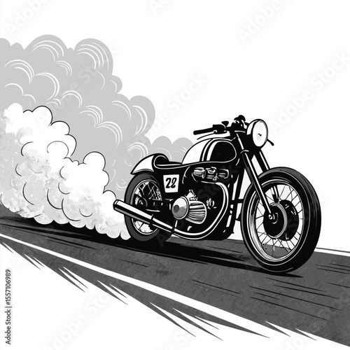 Dramatic black and white scene of a vintage drag bike performing a powerful burnout.