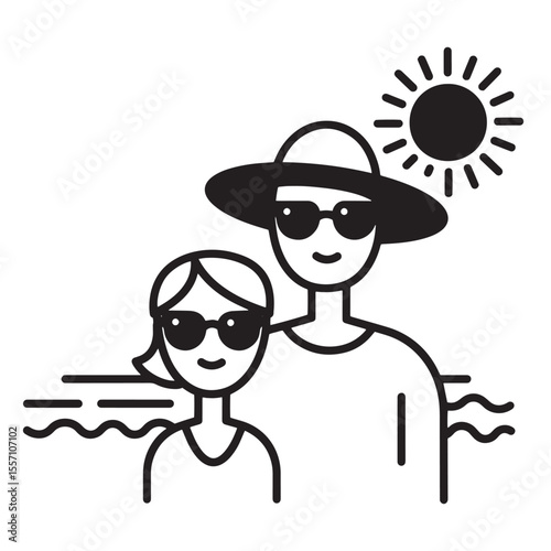 Summer vacation duo enjoying sunshine beach holiday with sunglasses and sun hat illustration