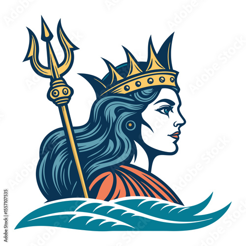 Stunning deep sea queen portrait, regal, holding a harp-shaped trident, ethereal, majestic.