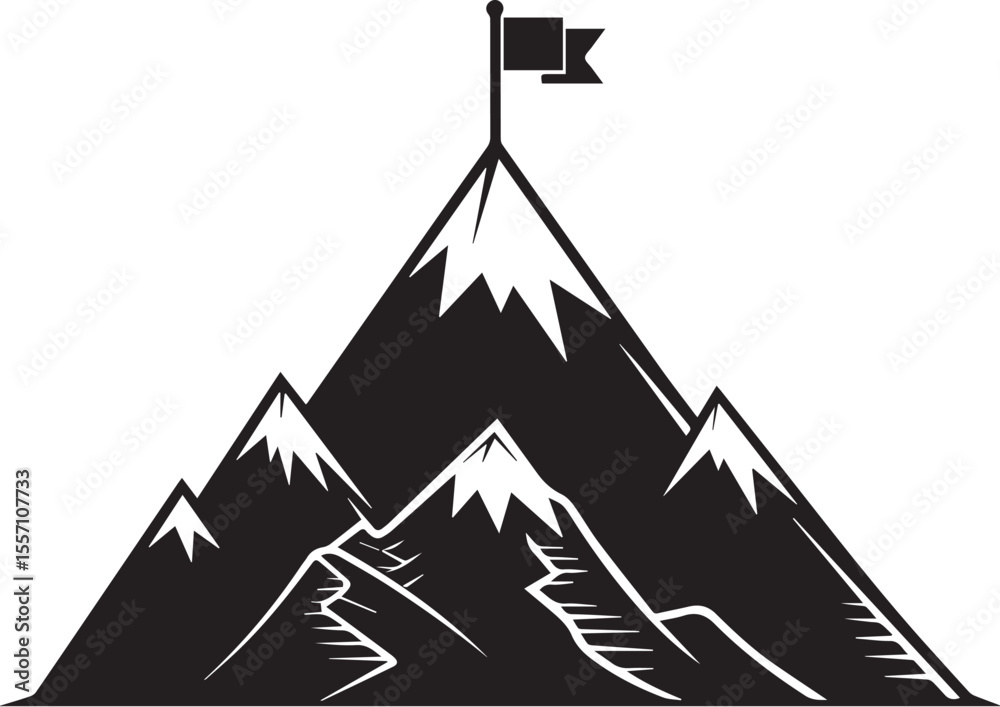 Fototapeta premium Minimal silhouette of mountain with flag on top in black vector style, success achievement symbol, goal, peak, leadership, ambition, mission, motivation, career, and business concept