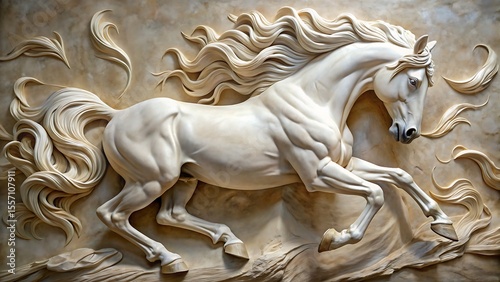 Elegant relief sculpture depicting a powerful white horse in dynamic motion and grace