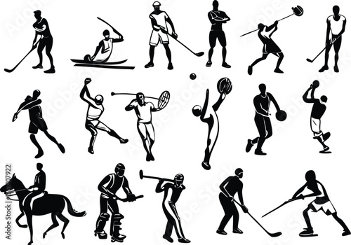 Monochrome silhouettes of various sports in action depicting athletes participating in competition