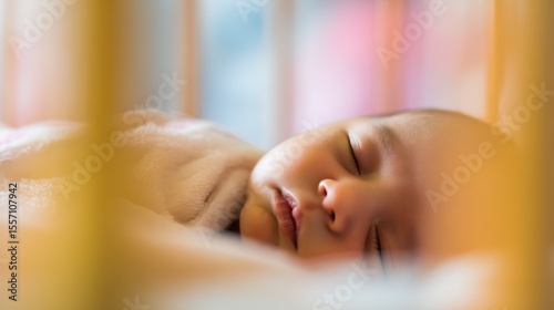 Newborn baby sleeping in crib, wrapped in soft blanket. Peaceful infancy and tender care.