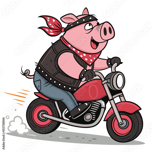 A cool cartoon pig, clad in a leather biker vest and bandana, embodies rebellious charm.