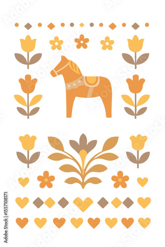 Flat vector illustration of a traditional Swedish folk art design featuring a horse at the center, surrounded by symmetrical floral elements and geometric decorations. 