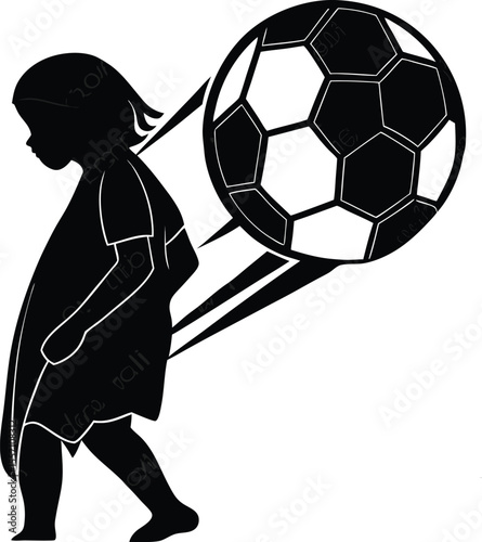 Silhouette of a girl with a soccer ball moving fast depicting sports and play