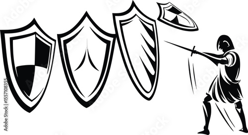 Silhouette of a knight attacking with sword and shields on a white background