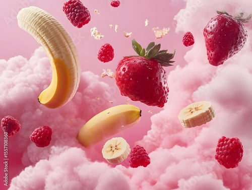 Striking Assortment of Floating Berries and banana in Vibrant Sky Background