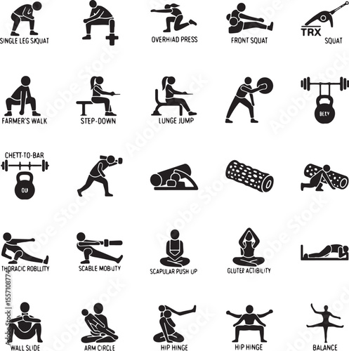 Collection of black and white fitness exercise icons with labels workout health