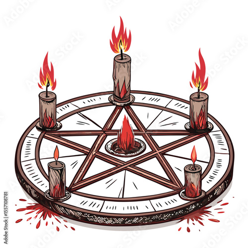 A mystical ritual summoning circle, illuminated by the flickering glow of numerous burning candles.