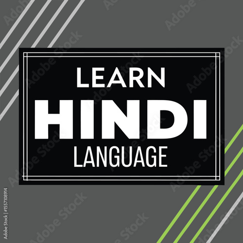 Black Rectangle with White Text Learn Hindi Language on Gray Background with Diagonal Lines words