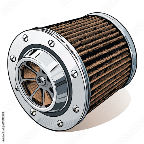 A close-up of a chrome-plated air filter featuring visible bolts and an intentional rust effect.