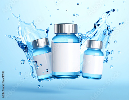 Three clear glass vials with blank labels, suspended in a splash of water, showcasing a product concept.