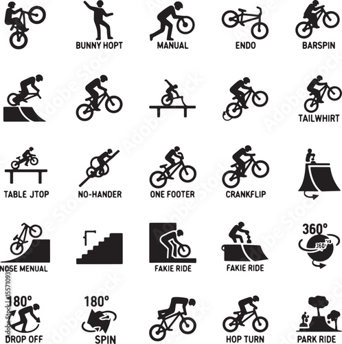 Collection of black silhouette icons depicting B M X bike tricks and maneuvers bicycle