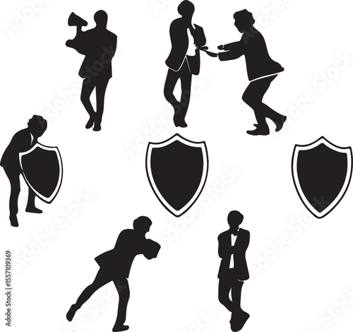 Silhouetted business professionals interacting with shields representing protection and security concepts