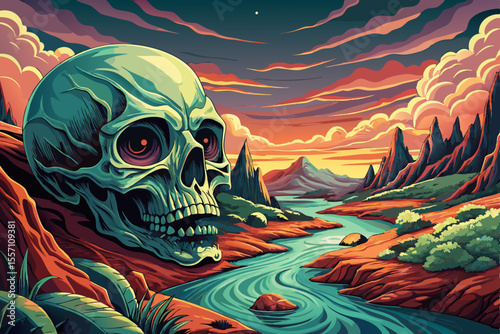 Wallpaper view of alien planet with river, abstraction, mysterious land of the galaxy under a strange colored sky, game banner	