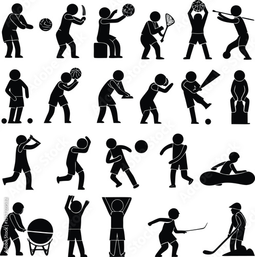 Silhouetted icons representing various sports and activities in dynamic black and white poses