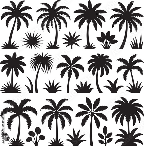 Tropical Silhouette Collection Abundant Palm Trees and Lush Foliage Black Silhouettes Against a White Background Exuding Island Paradise