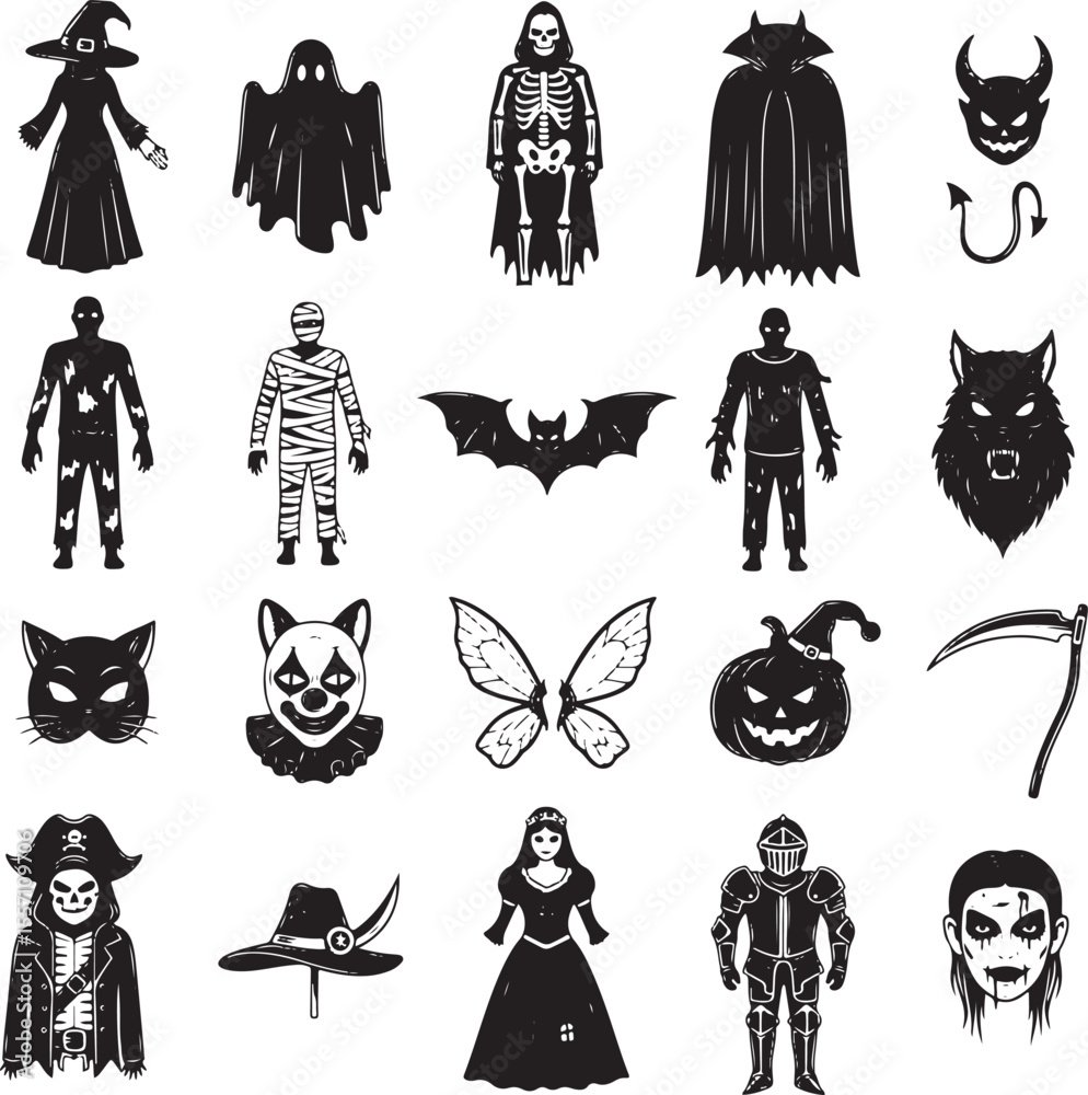 Naklejka premium Black and white collection of Halloween characters and symbols witch ghost