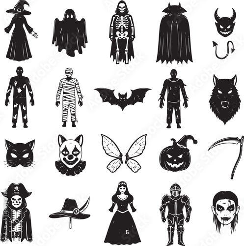Black and white collection of Halloween characters and symbols witch ghost