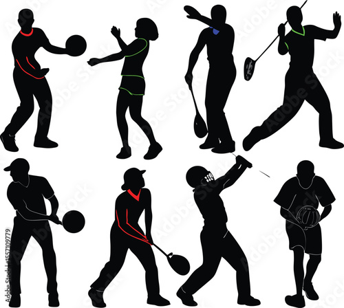 Silhouettes of people participating in various sports and recreational activities