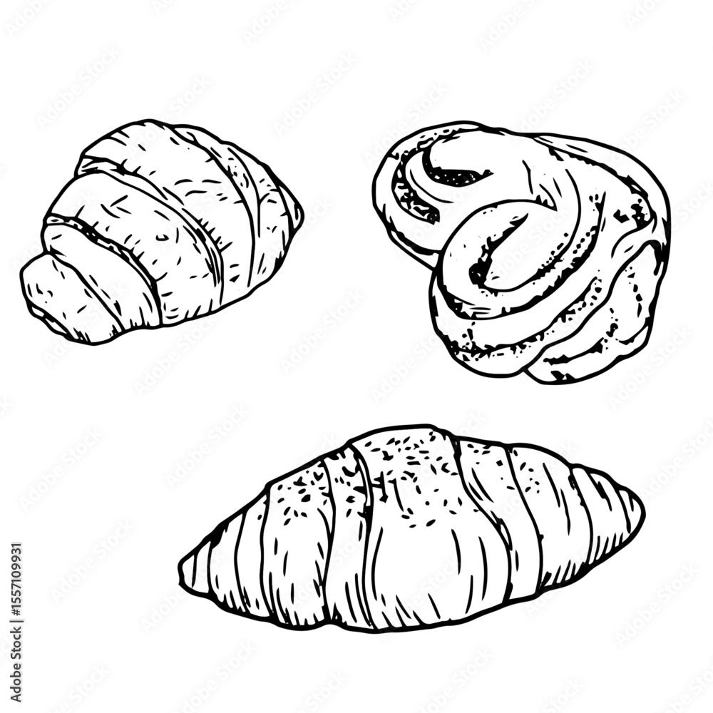 Fototapeta premium Delicious pastries, sweet rolls and croissants, a roll with poppy seeds and sugar, black and white ink sketches. Vector illustration. Bakery and pastry shop set, isolated on a white background