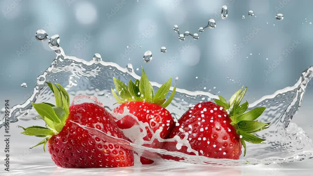 Fresh strawberries splashing into clear water, creating dynamic droplets and ripples, showcasing vibrant red color and lush green leaves, emphasizing freshness and vitality in a captivating culinary s