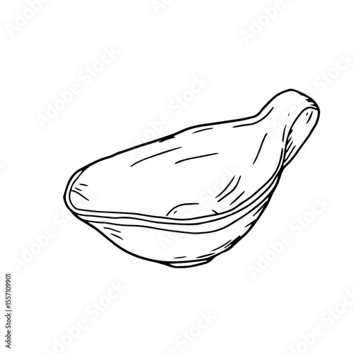 Ceramic gravy boat for snacks, jam or sour cream, sketch in black and white ink Vector illustration. Porcelain bowl with pile, insulated on white background. Theme is cuisine, cooking and restaurants