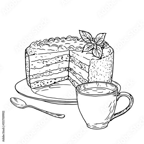 Sliced cake with cream on a plate, a mug of tea and a spoon, a black and white ink sketch. Vector illustration. Sweet pastries from pastry shop, isolated on a white background. For coffee shops, cafes