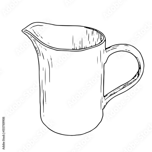 Ceramic jug for water or milk, sketch in black and white ink. Vector illustration. Decanter with a handle for bathroom, insulated on white background. Theme is cuisine, cooking, cafes and restaurants