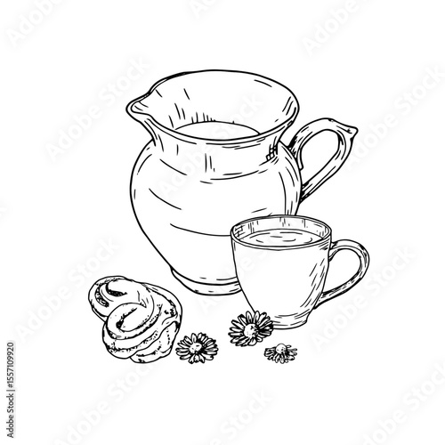 Glass jug for water or milk, black and white ink sketch. Vector illustration. Decanter with bathroom handle, insulated on a white background. The theme of cuisine, cooking, cafes and restaurants