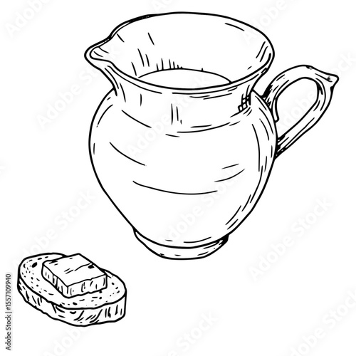 Ceramic jug for water, sandwich with piece of cheese, sketch in black and white ink. Vector illustration. Light summer breakfast, bread with butter and glass of milk, isolated on white background. 
