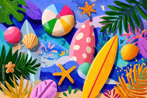 Colorful beach items and tropical leaves creating vibrant summer scene