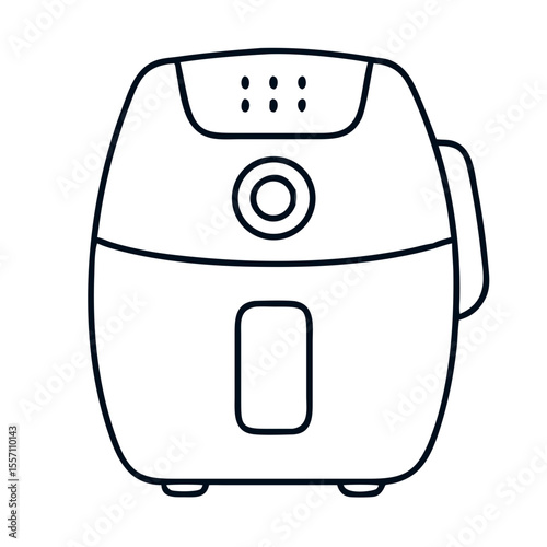 Clean black outline air fryer appliance line art illustration, modern air fryer for healthy cooking at home. Contemporary kitchen air fryer icon for graphic design applications, product guides.