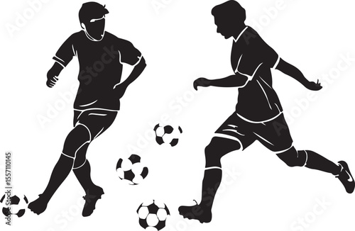 Soccer players silhouette in action playing football on white background sport illustration