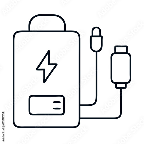 Battery charger with power plug and lightning bolt symbol illustrates device charging. Portable battery charger represents energy replenishment for electronic gadgets.
