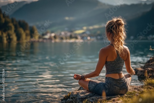 Young woman practicing yoga at sunrise meditating by the lake with mountains in the background