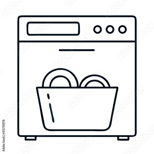 Clean dishes in modern dishwasher appliance. Shiny plates and bowls inside dishwasher basket. Simple dishwasher line art illustration perfect for kitchen appliance icons and infographics.